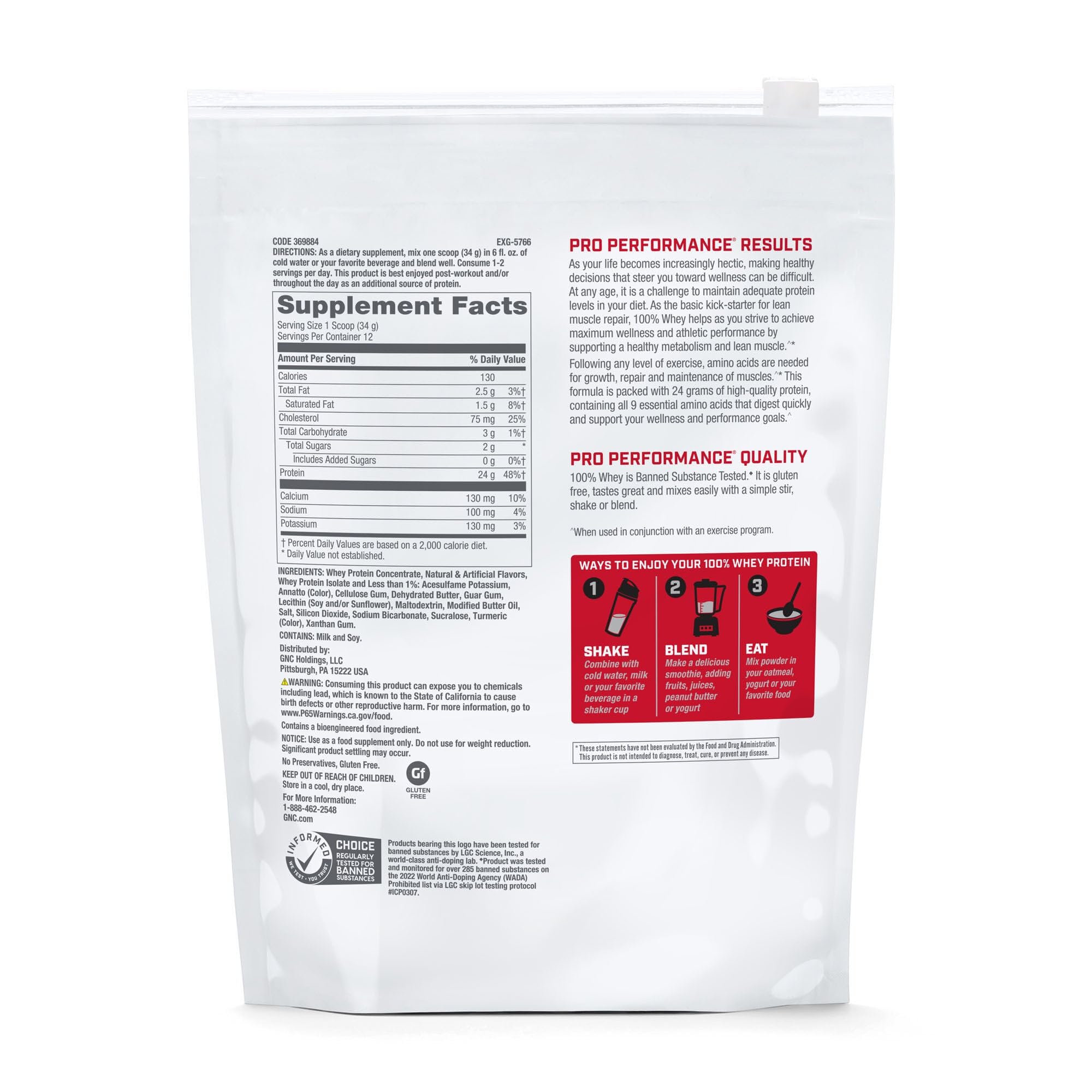 GNC Pro Performance 100% Whey Vanilla Cream scoop shows easy-to-dissolve powder.