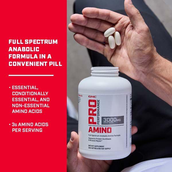 Close-up of the GNC Pro Performance Amino 3000 label showing full-spectrum amino ingredients