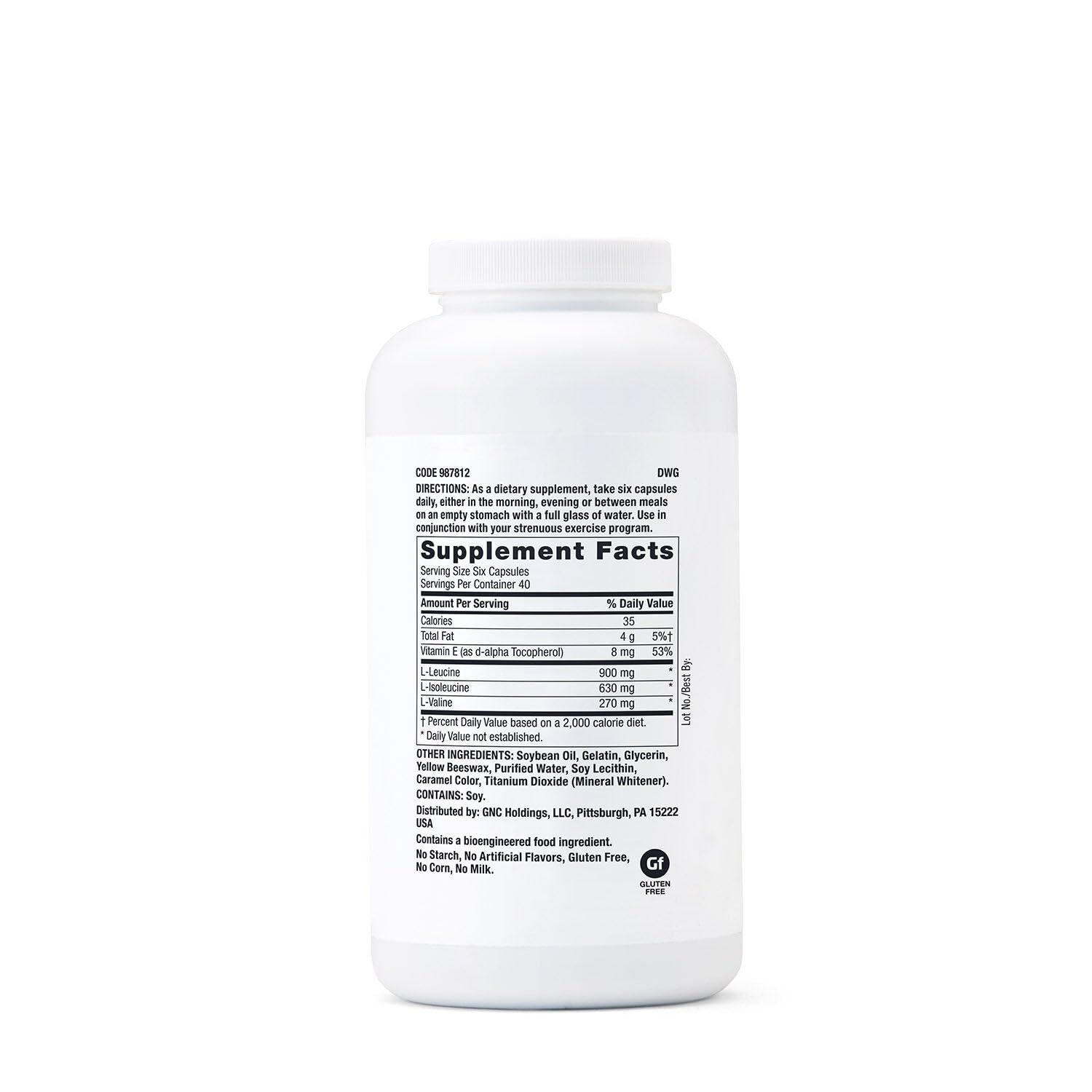GNC Pro Performance BCAA bottle label highlighting 1800 mg per serving and essential amino acids.