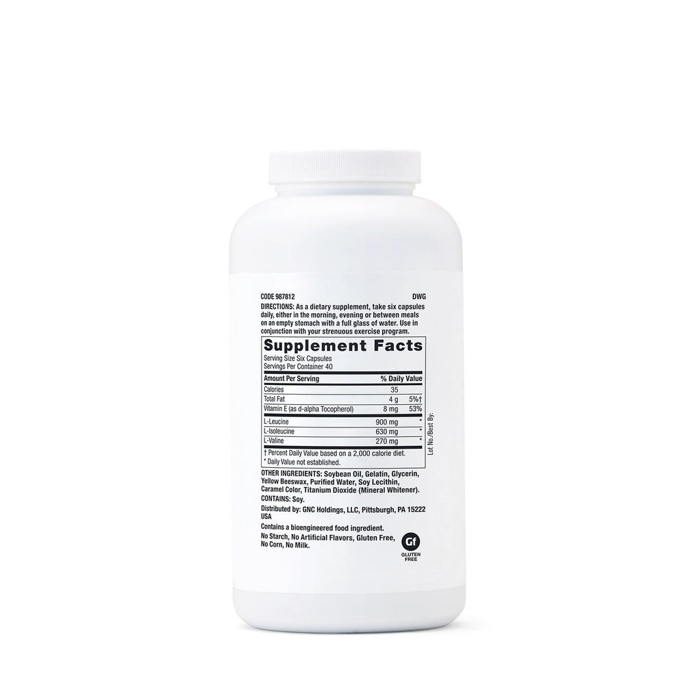 GNC Pro Performance BCAA bottle label highlighting 1800 mg per serving and essential amino acids.
