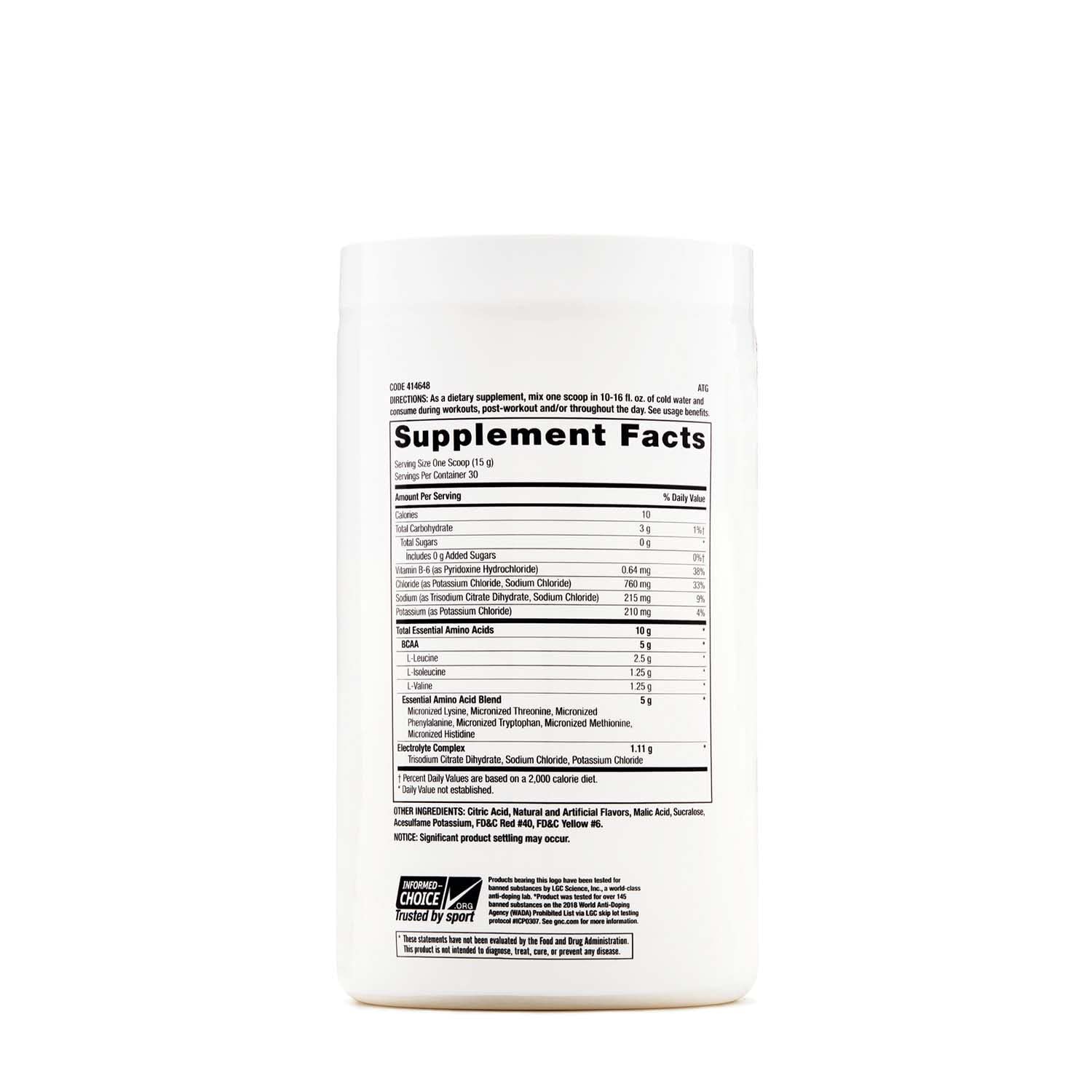 GNC Essential Amino Complete label close-up highlighting amino acids and electrolytes for training support.