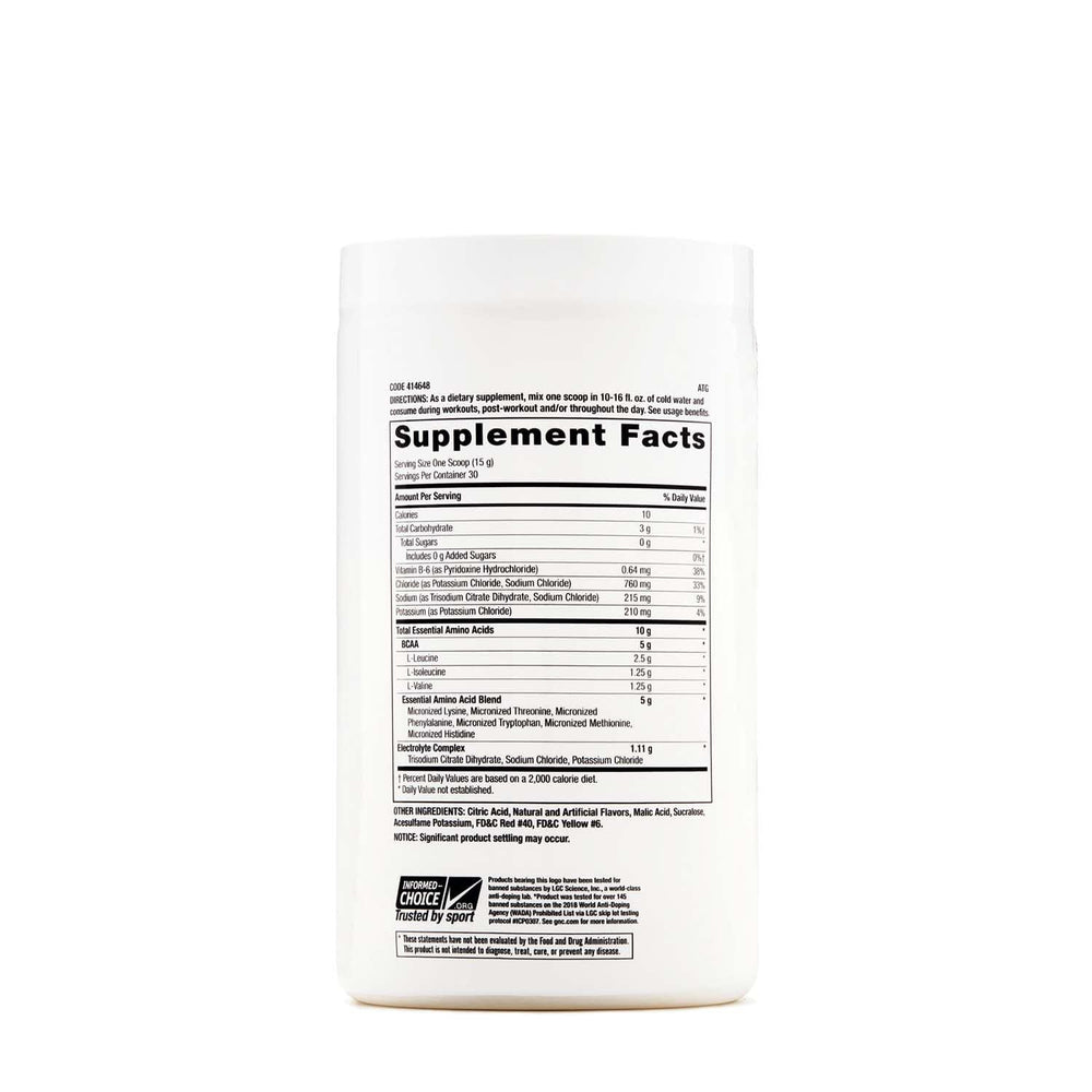 GNC Essential Amino Complete label close-up highlighting amino acids and electrolytes for training support.