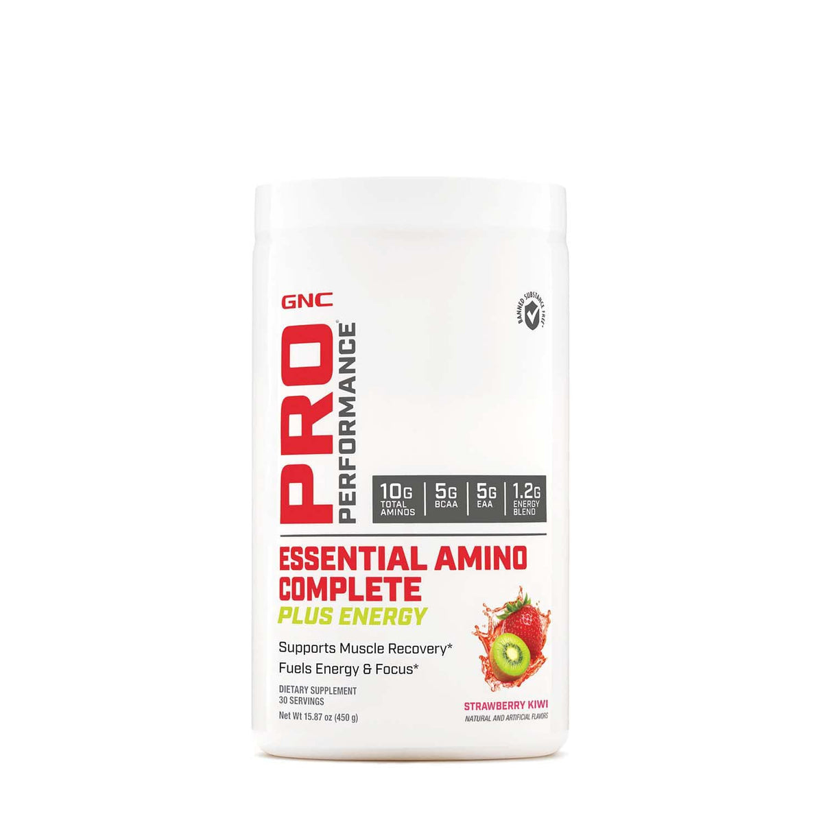 GNC Pro Performance Essential Amino Complete Plus Energy bottle with Strawberry Kiwi flavor for lean muscle support