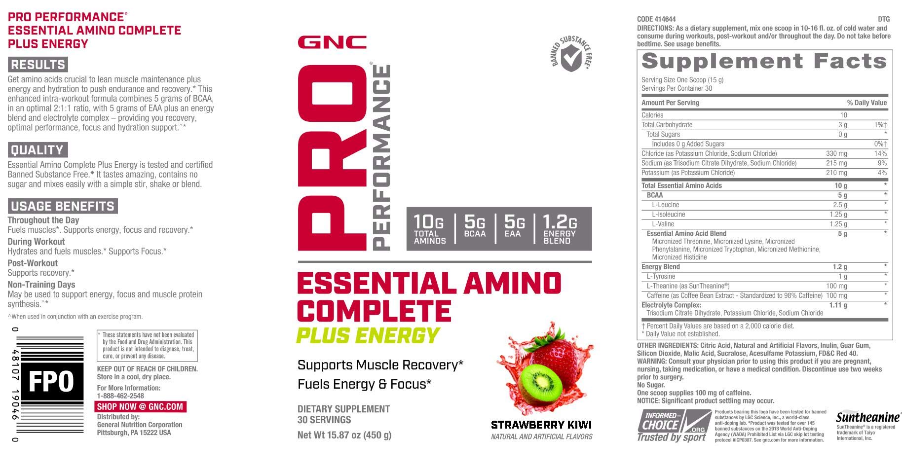 GNC Pro Performance Essential Amino Complete Plus Energy glass pour showing hydration and Strawberry Kiwi taste