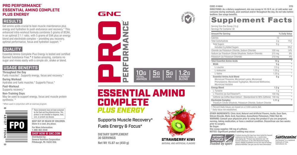 GNC Pro Performance Essential Amino Complete Plus Energy glass pour showing hydration and Strawberry Kiwi taste