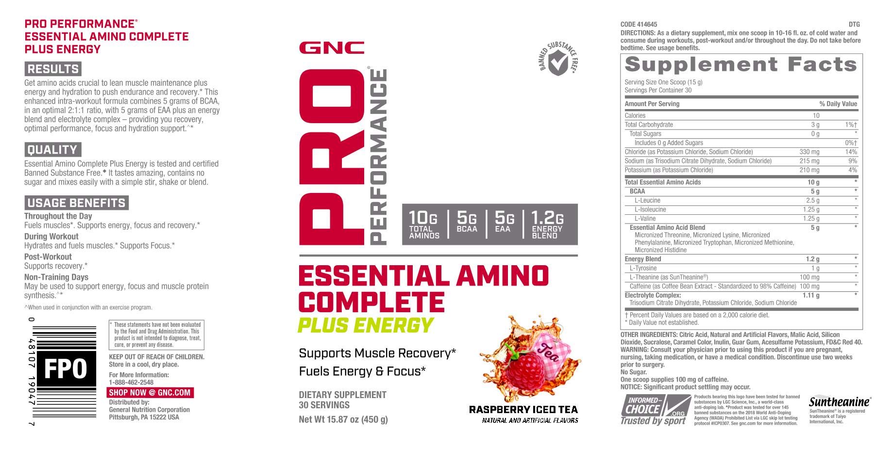 GNC Pro Performance Essential Amino Complete Plus Energy powder scoop ready for quick mixing.