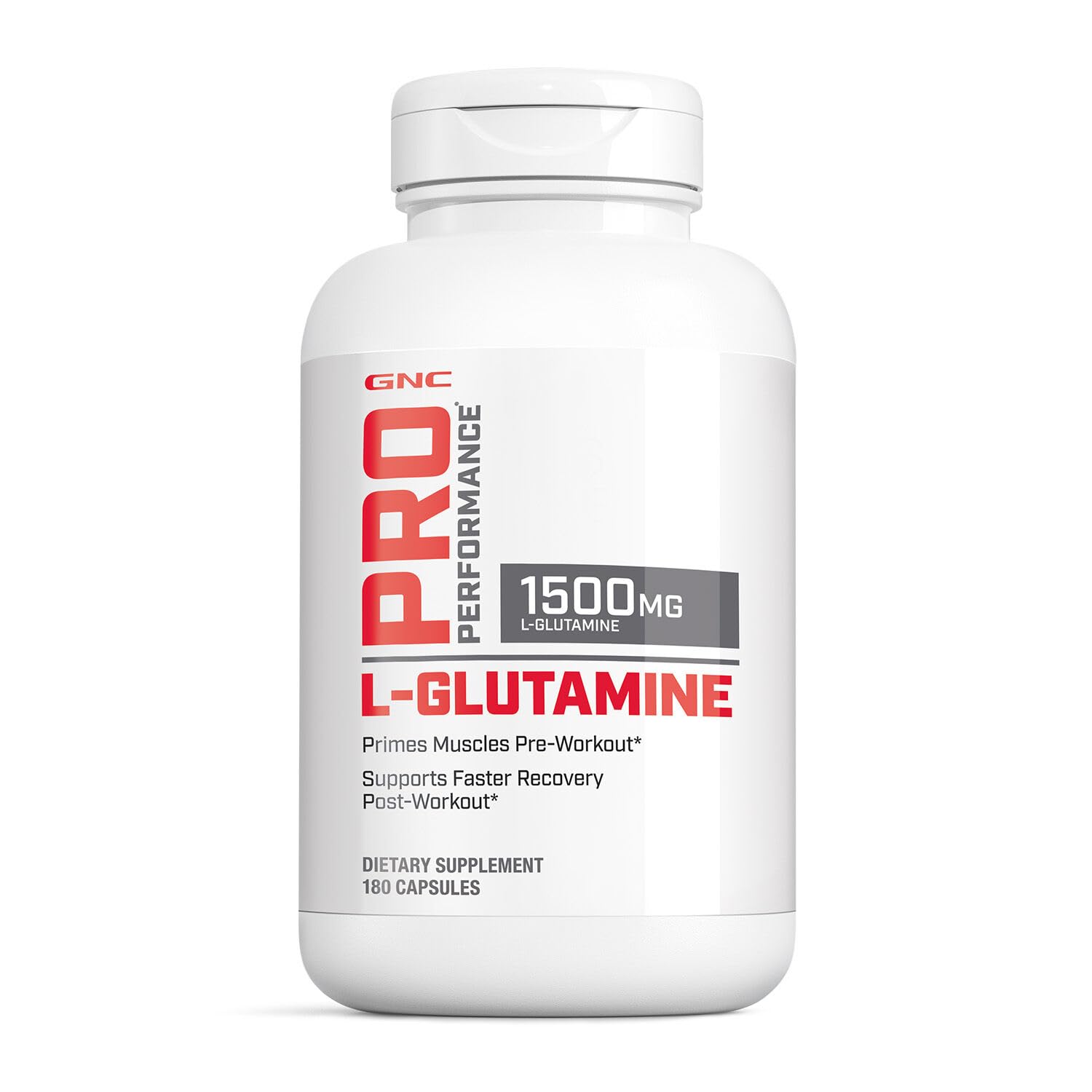 GNC Pro Performance L-Glutamine 1500mg bottle for recovery support.