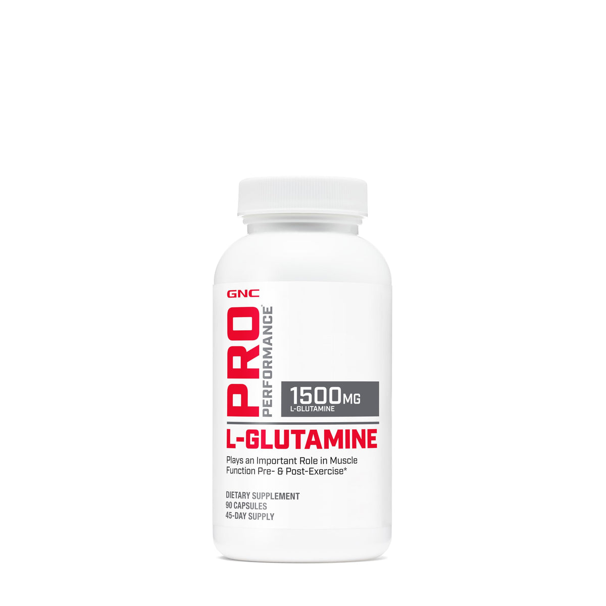 GNC Pro Performance L-Glutamine bottle front view with 90 capsules for post-workout support.