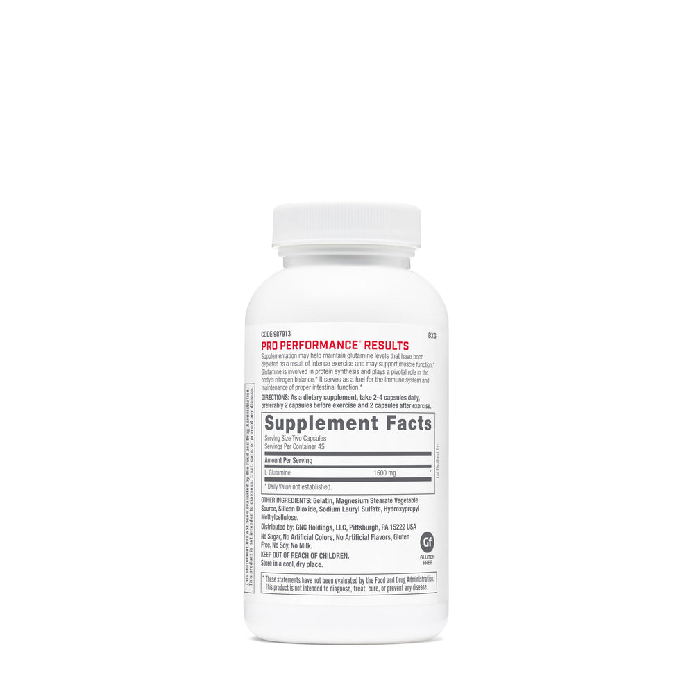 GNC Pro Performance L-Glutamine bottle side view highlighting label details.