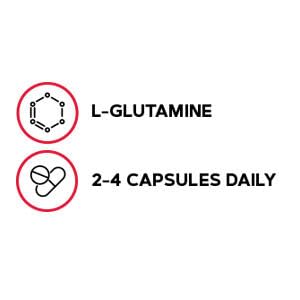 GNC L-Glutamine capsules close-up emphasizing capsule quality.