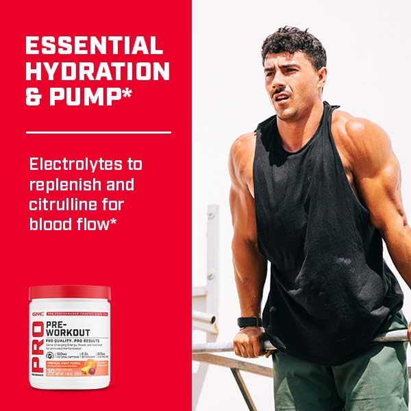 GNC Pro Performance Pre-Workout electrolyte blend aids hydration