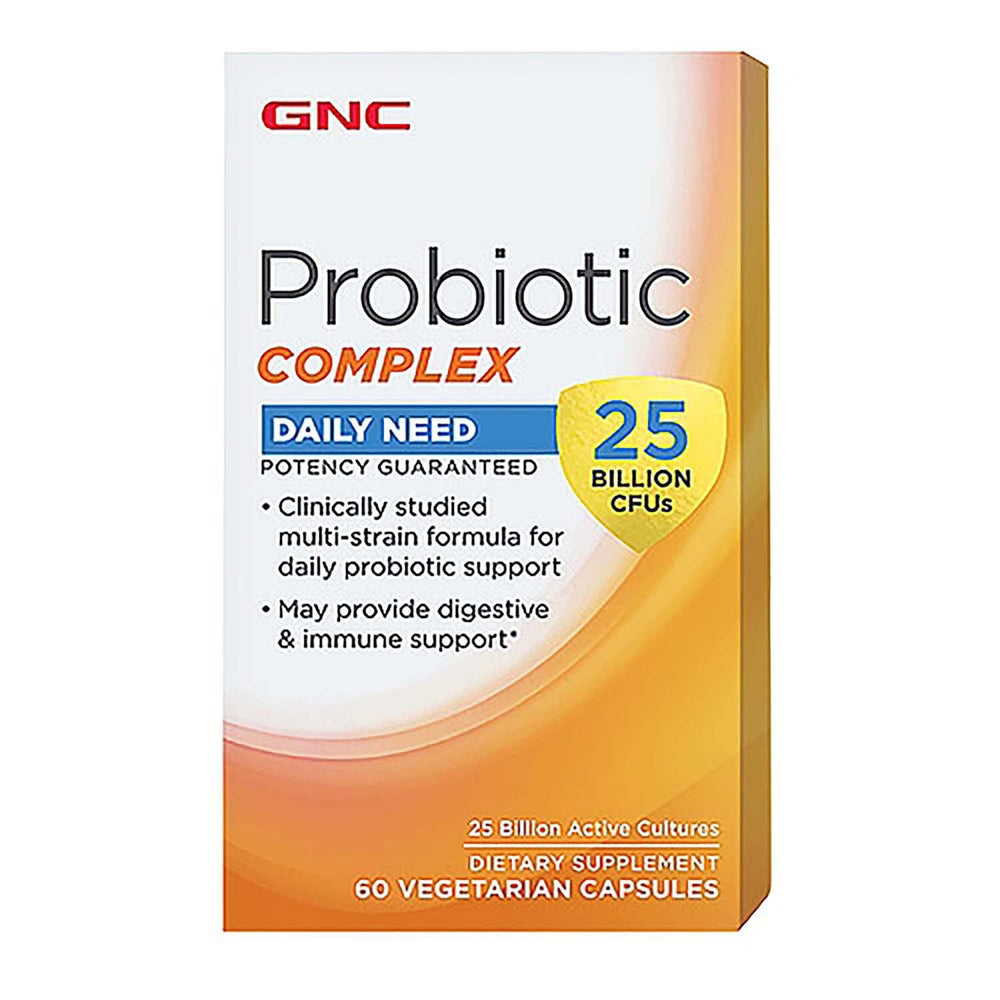 GNC Probiotic Complex bottle front with 25B CFUs for daily digestive support.