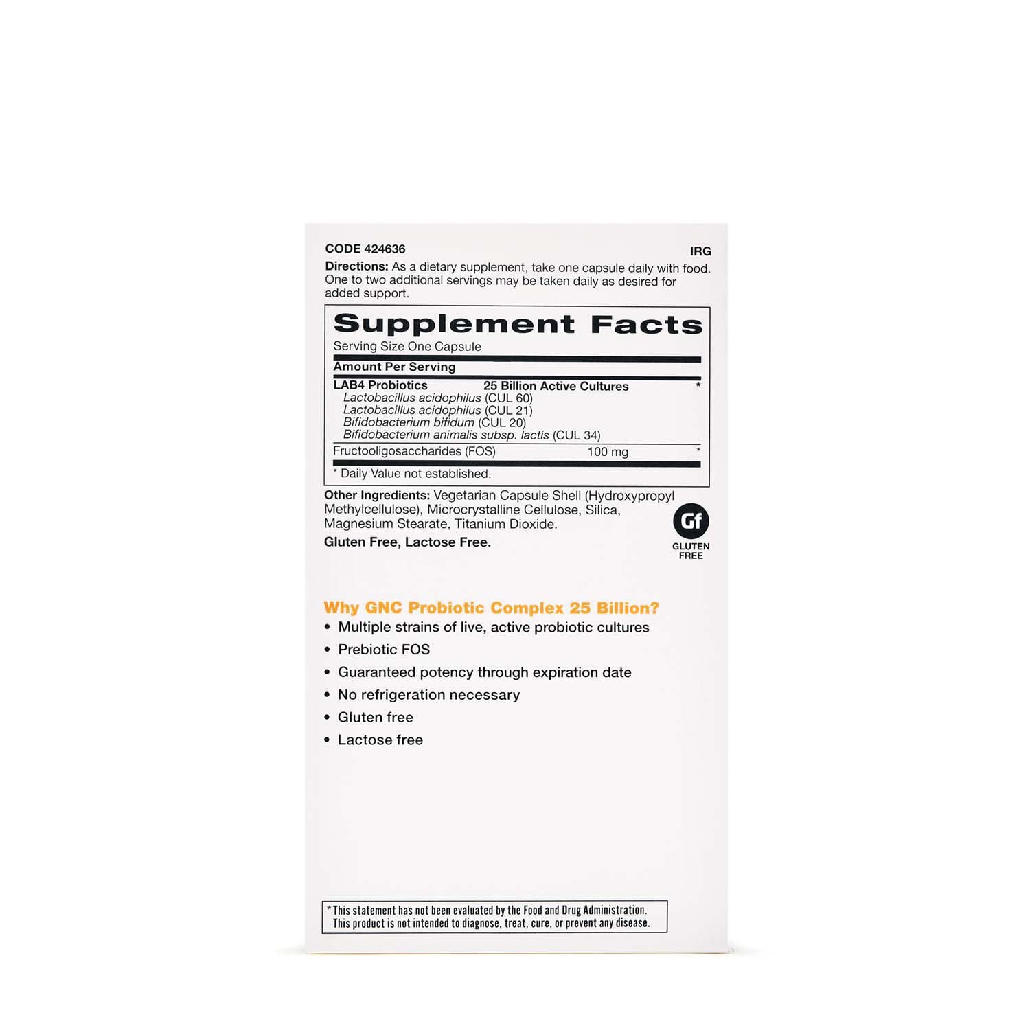 GNC Probiotic Complex label showing four probiotic strains for gut health.