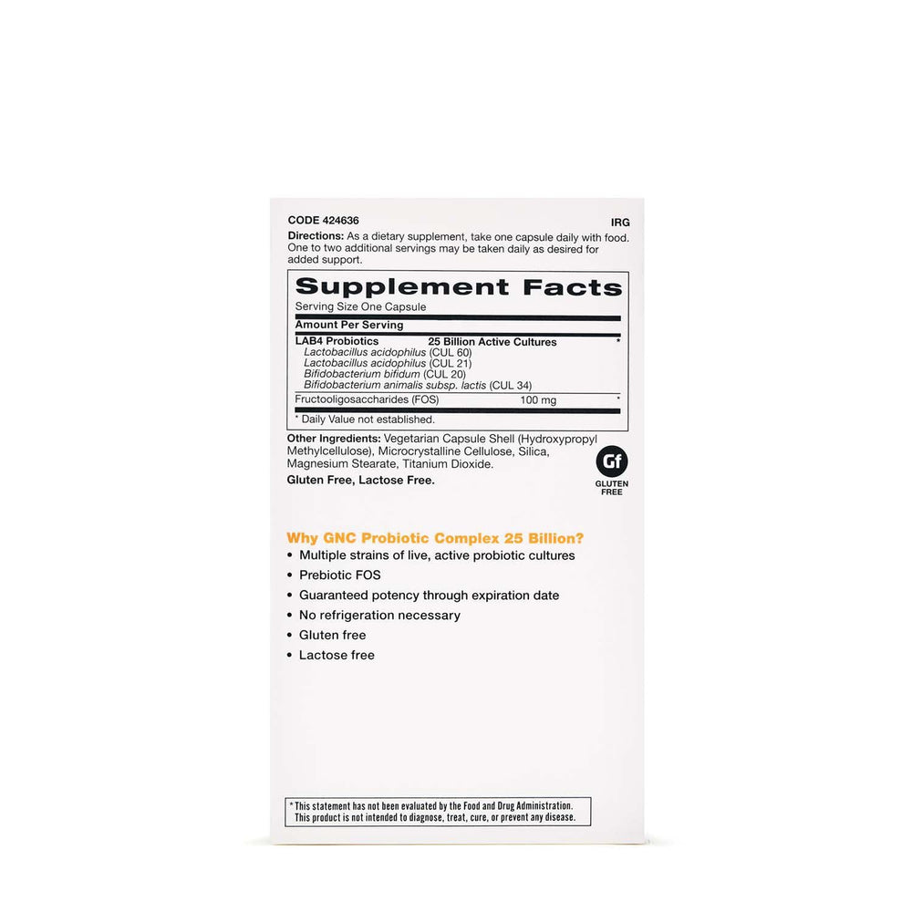 GNC Probiotic Complex label showing four probiotic strains for gut health.