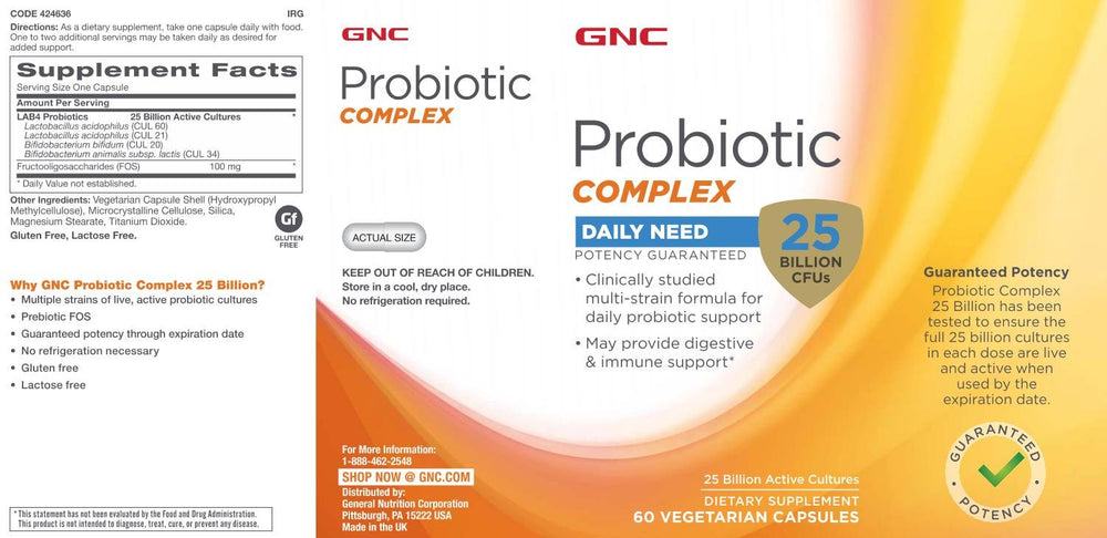 Soft capsules and bottle ready for daily use of GNC Probiotic Complex.