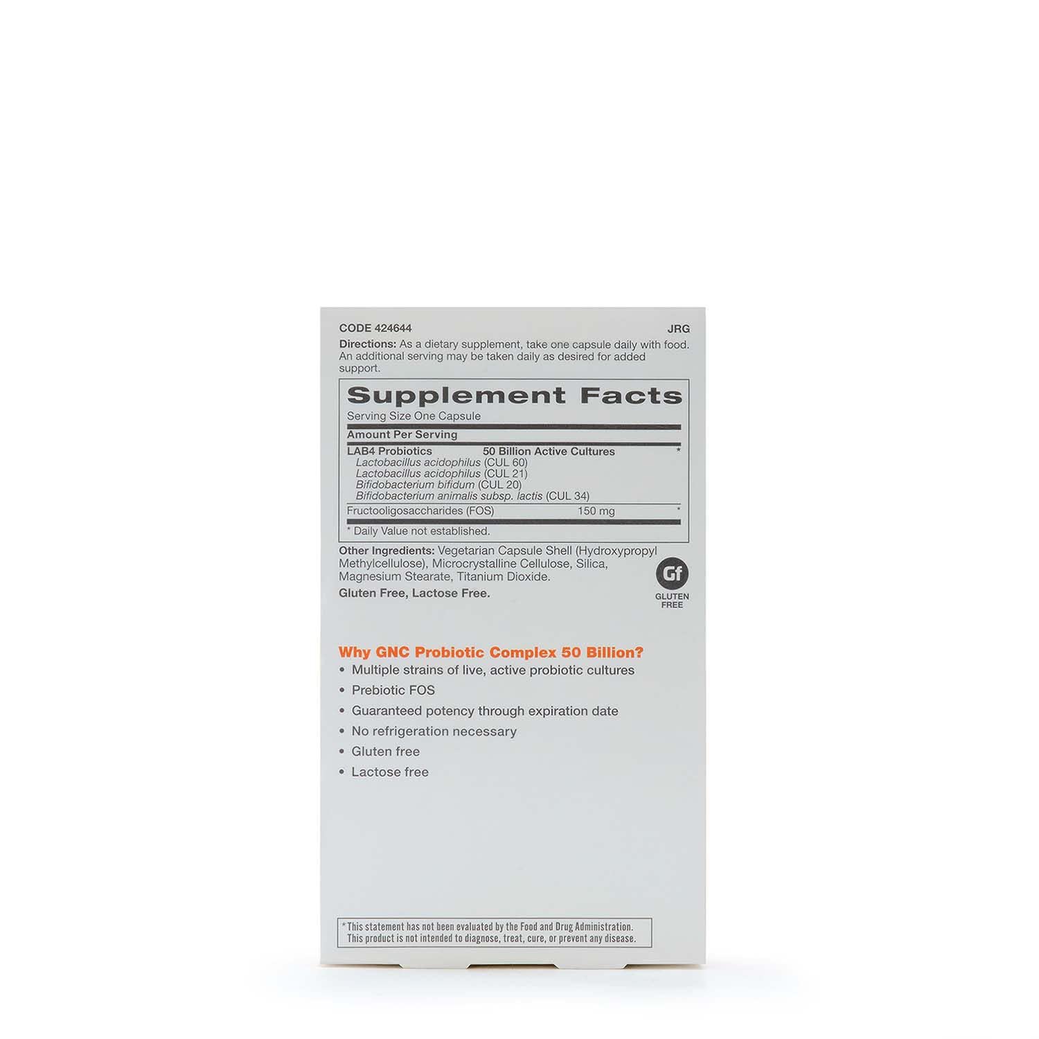 Close-up of GNC Probiotic Complex Daily Need capsules showing 50B CFUs per serving for gut balance