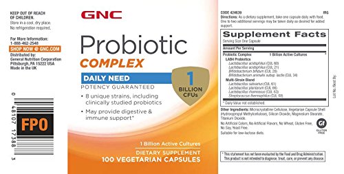 GNC Probiotic Complex vegetarian capsules for daily use promoting digestion and resilience.