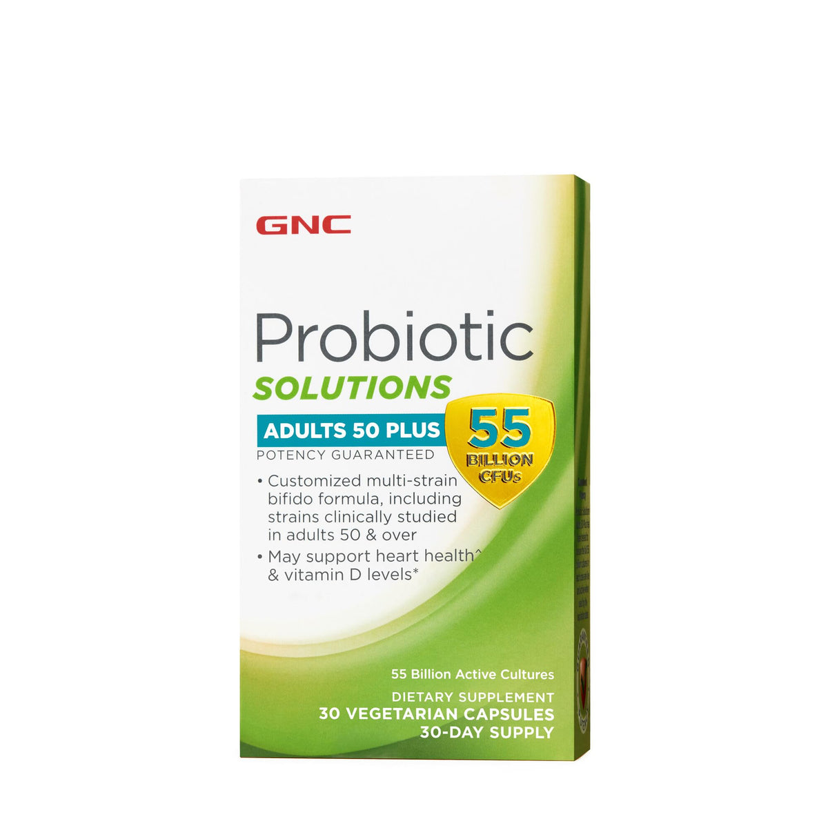 GNC Probiotic Solutions 50+ bottle shows 30 vegetarian capsules for daily digestion