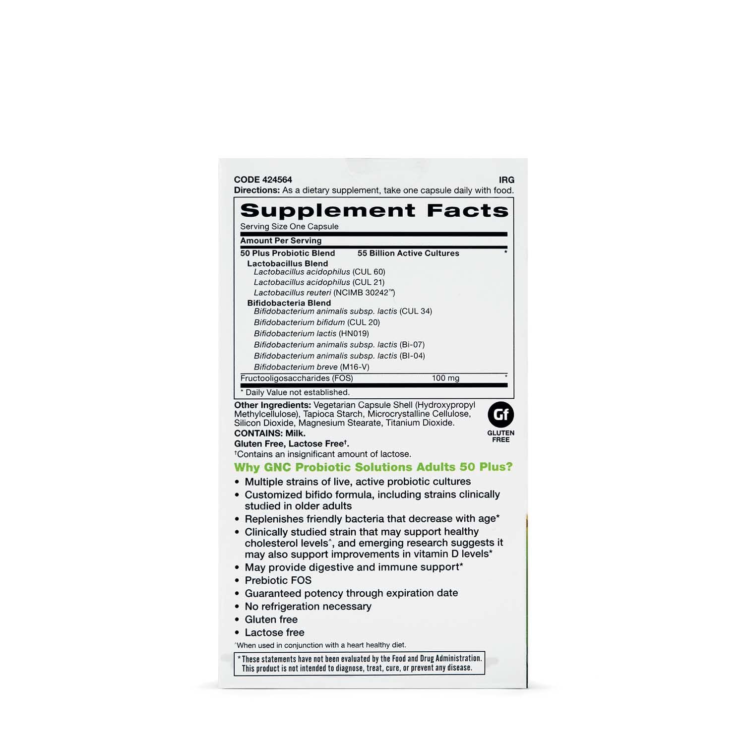 GNC Probiotic Solutions 50+ capsules highlight vegetarian formula for immune support