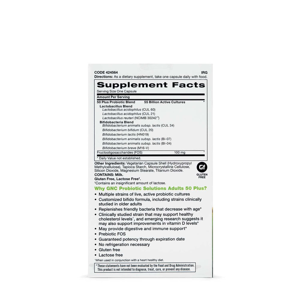 GNC Probiotic Solutions 50+ capsules highlight vegetarian formula for immune support