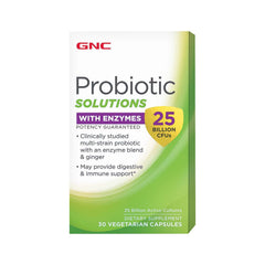 GNC Probiotic Solutions with Enzymes bottle highlights 25 Billion CFUs for daily support