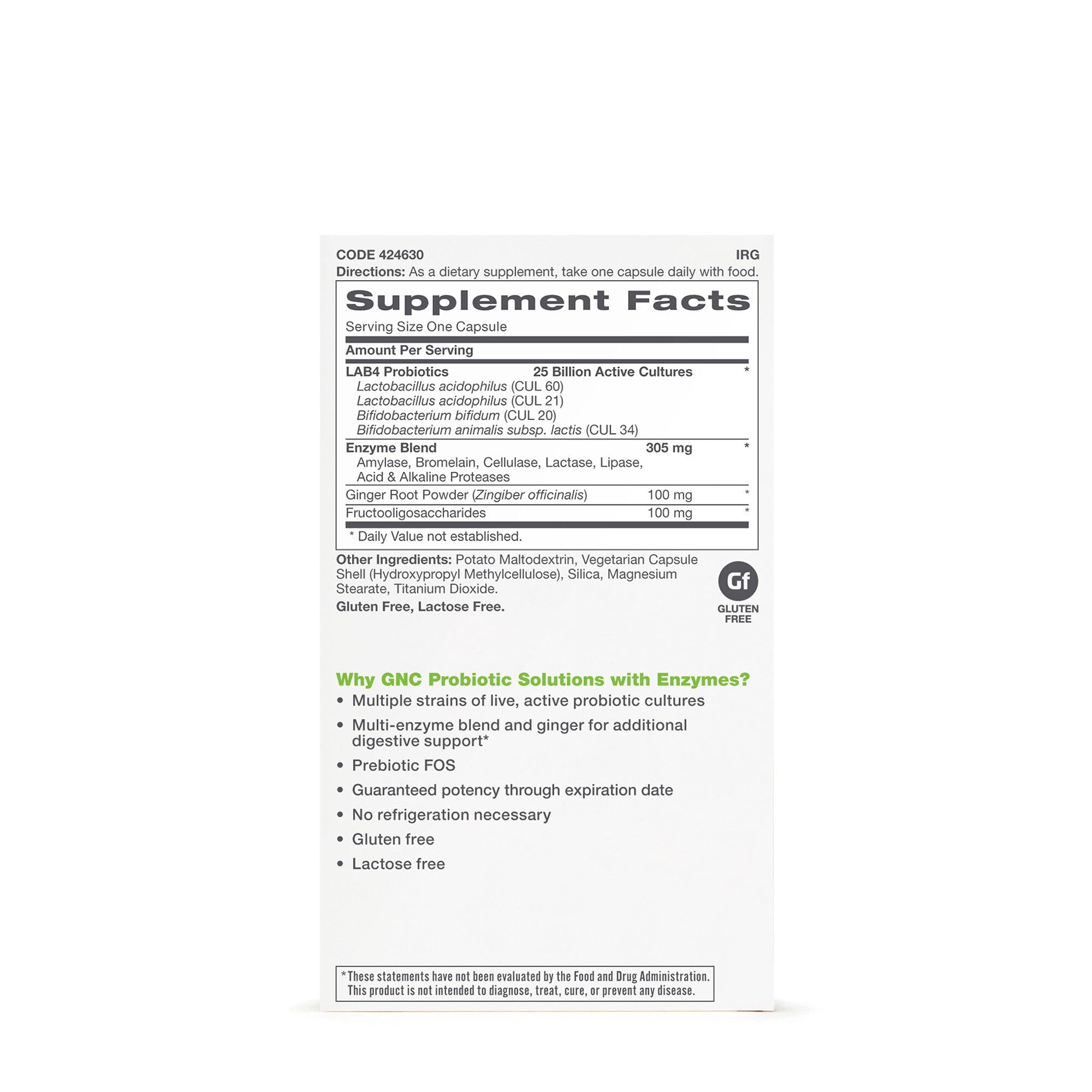GNC Probiotic Solutions with Enzymes label shows multi-strain formula and ginger for digestive balance