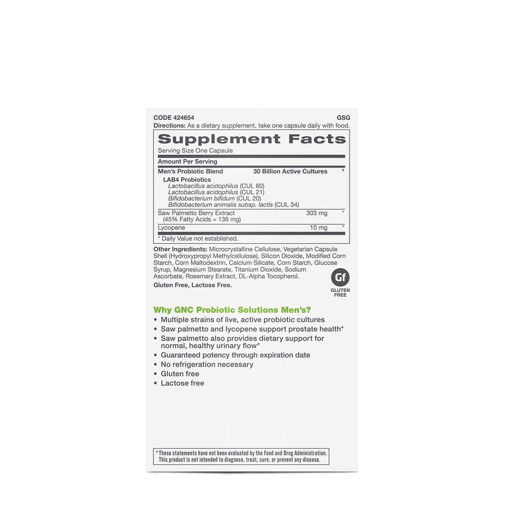 Close-up of GNC Probiotic Solutions Men’s capsules for daily digestive support.