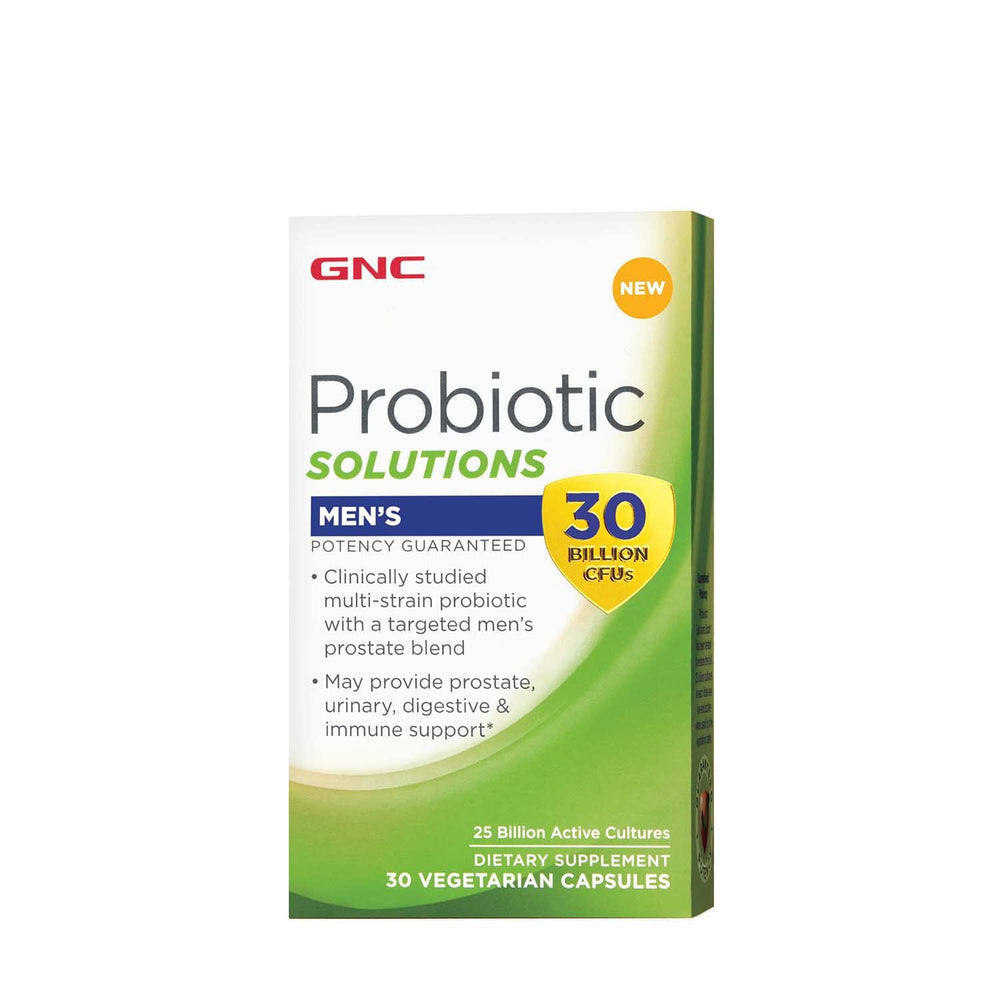 GNC Probiotic Solutions Men’s supplement bottle promotes digestive and immune support.