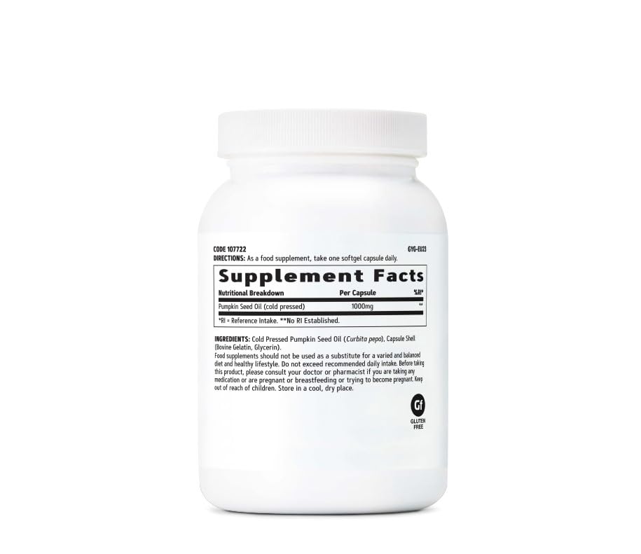 Close-up of GNC pumpkin seed oil bottle label with 1000mg softgels