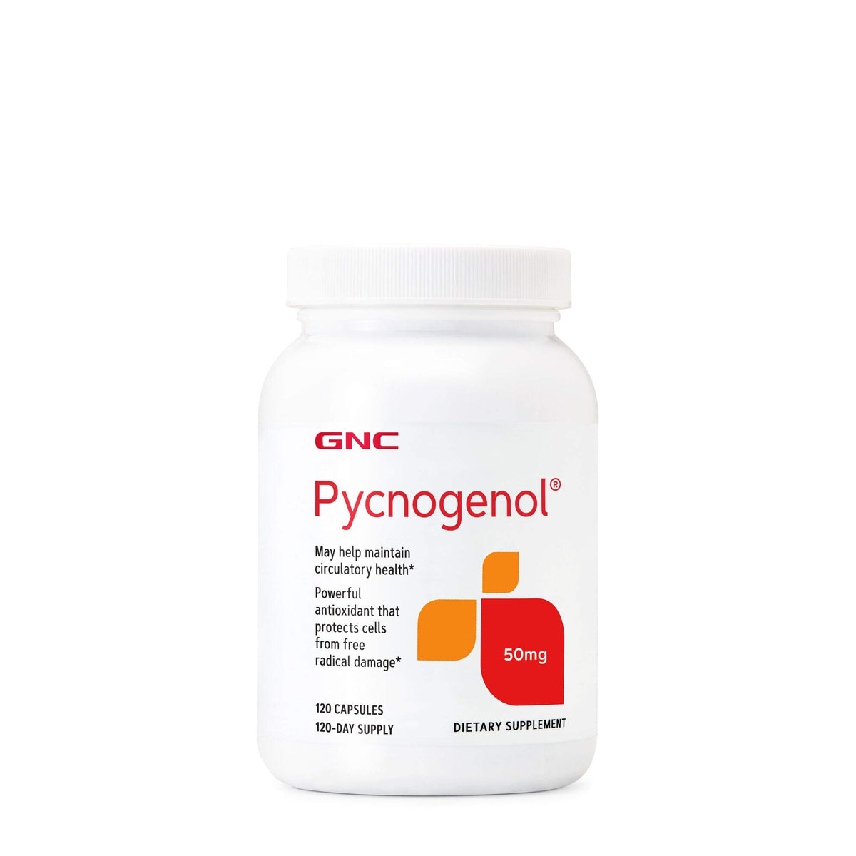 GNC Pycnogenol 50mg bottle on a neutral background, showcasing packaging for circulatory health support