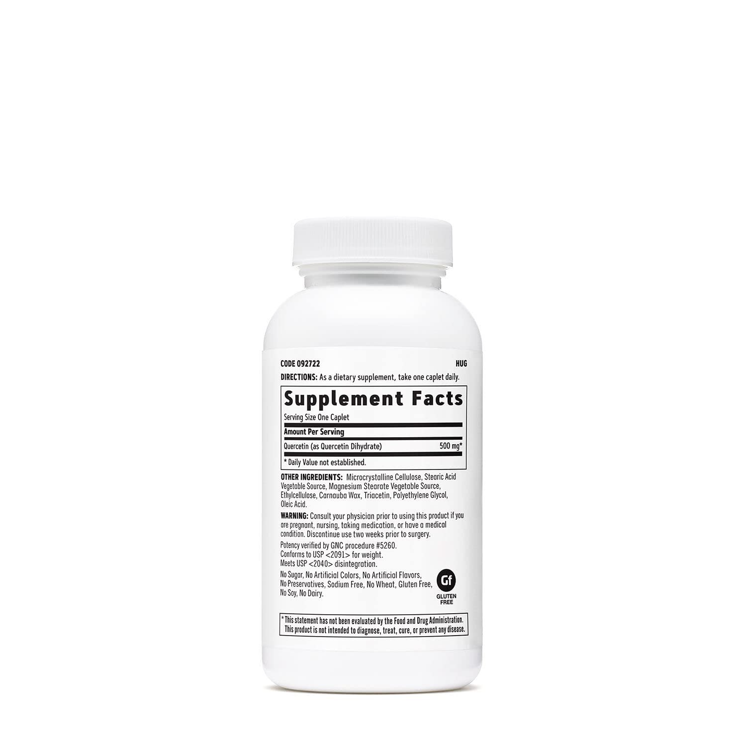 GNC Quercetin 500mg label close-up highlighting quality standards