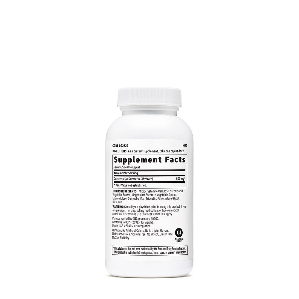 GNC Quercetin 500mg label close-up highlighting quality standards
