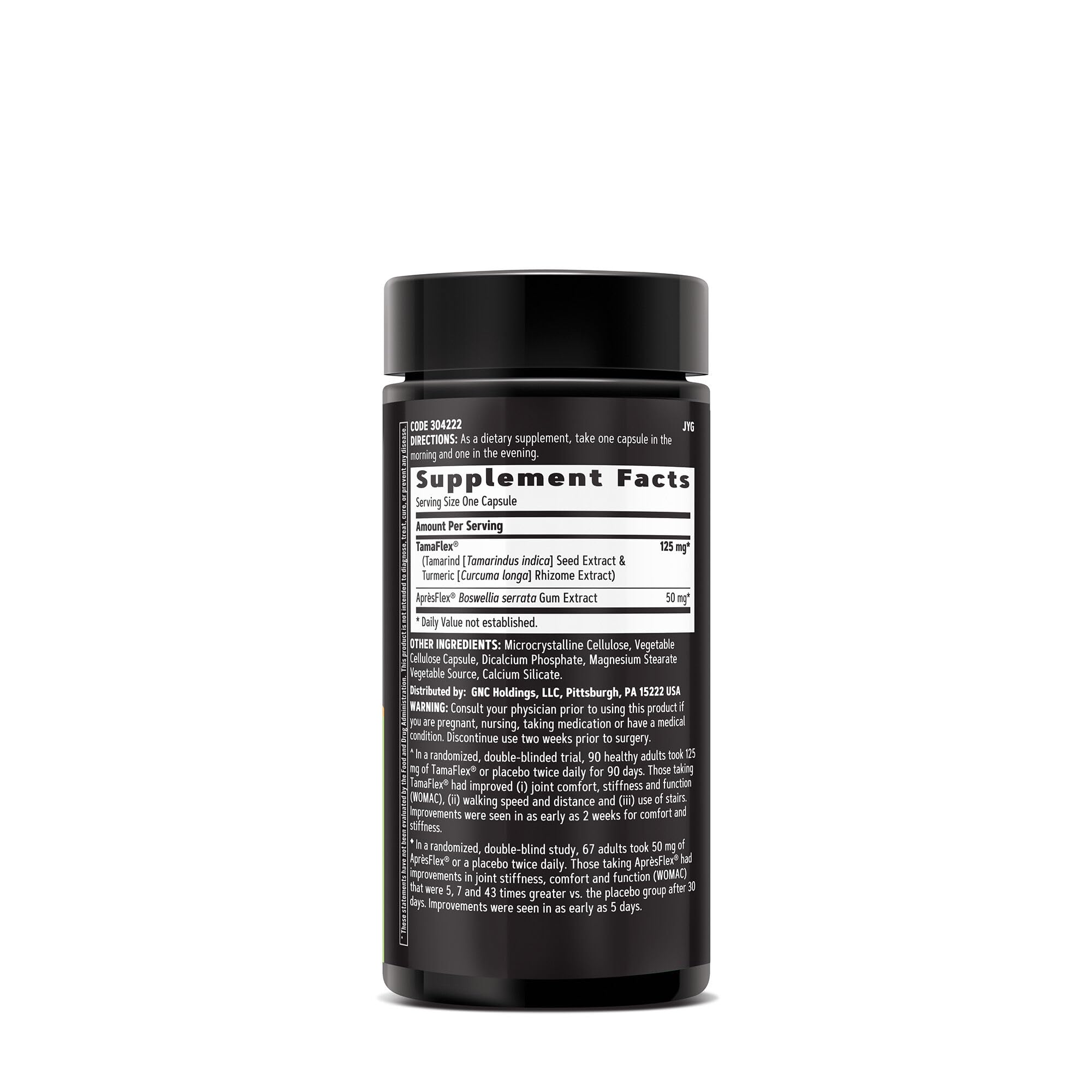GNC TamaFlex bottle beside athletic shoes suggests post-exercise comfort.