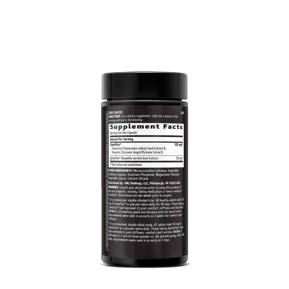 GNC TamaFlex bottle beside athletic shoes suggests post-exercise comfort.