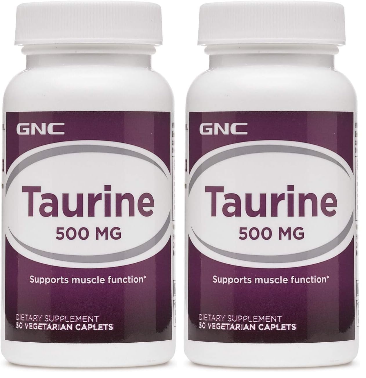 GNC Taurine 500mg bottle front view; daily use and muscle support.
