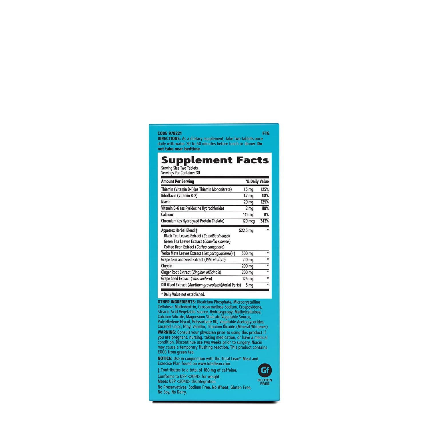 Close-up of Appetrex Control tablets highlighting convenient daily capsules for calorie awareness.