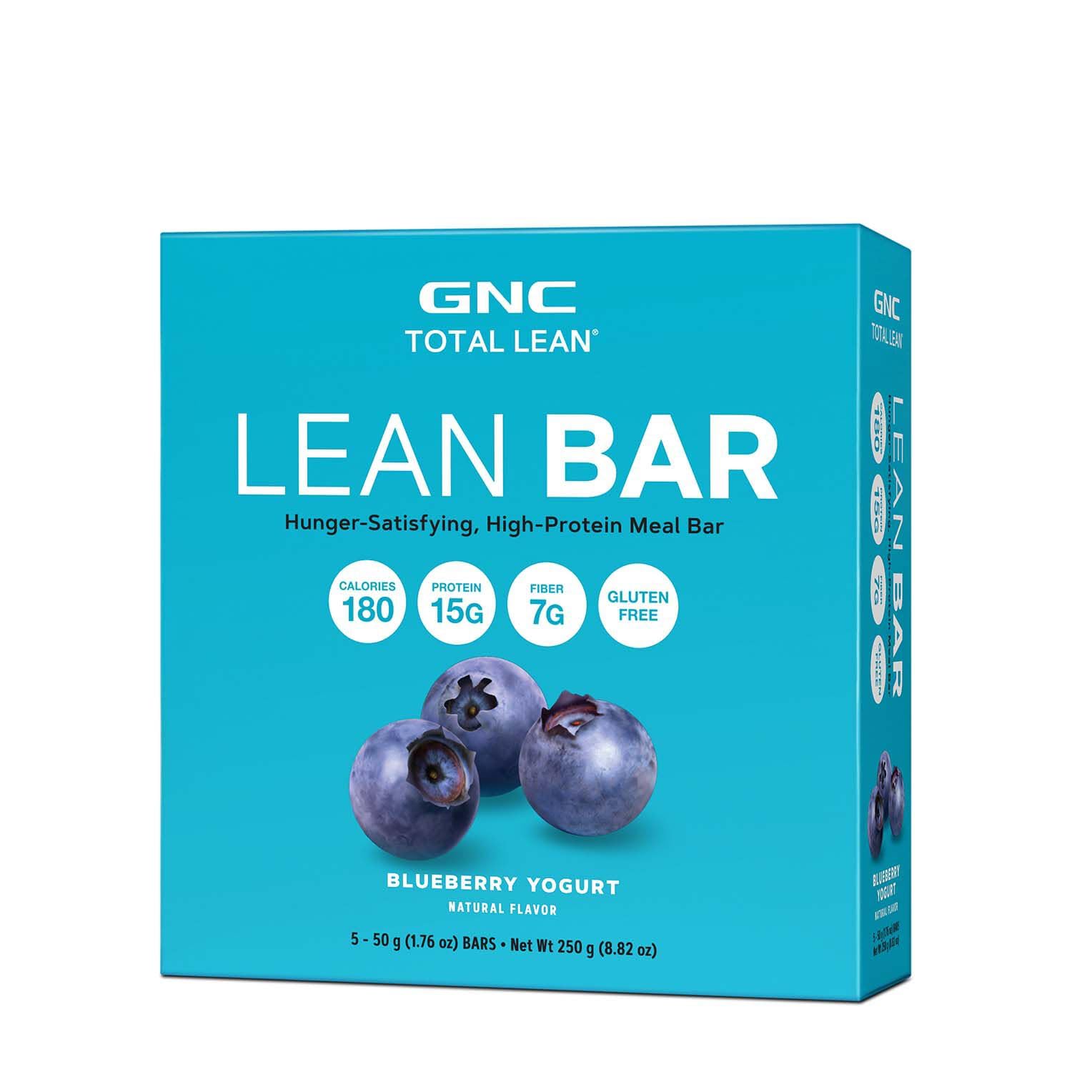 GNC Total Lean Bar blueberry yogurt packaging highlighting convenient on-the-go meal option