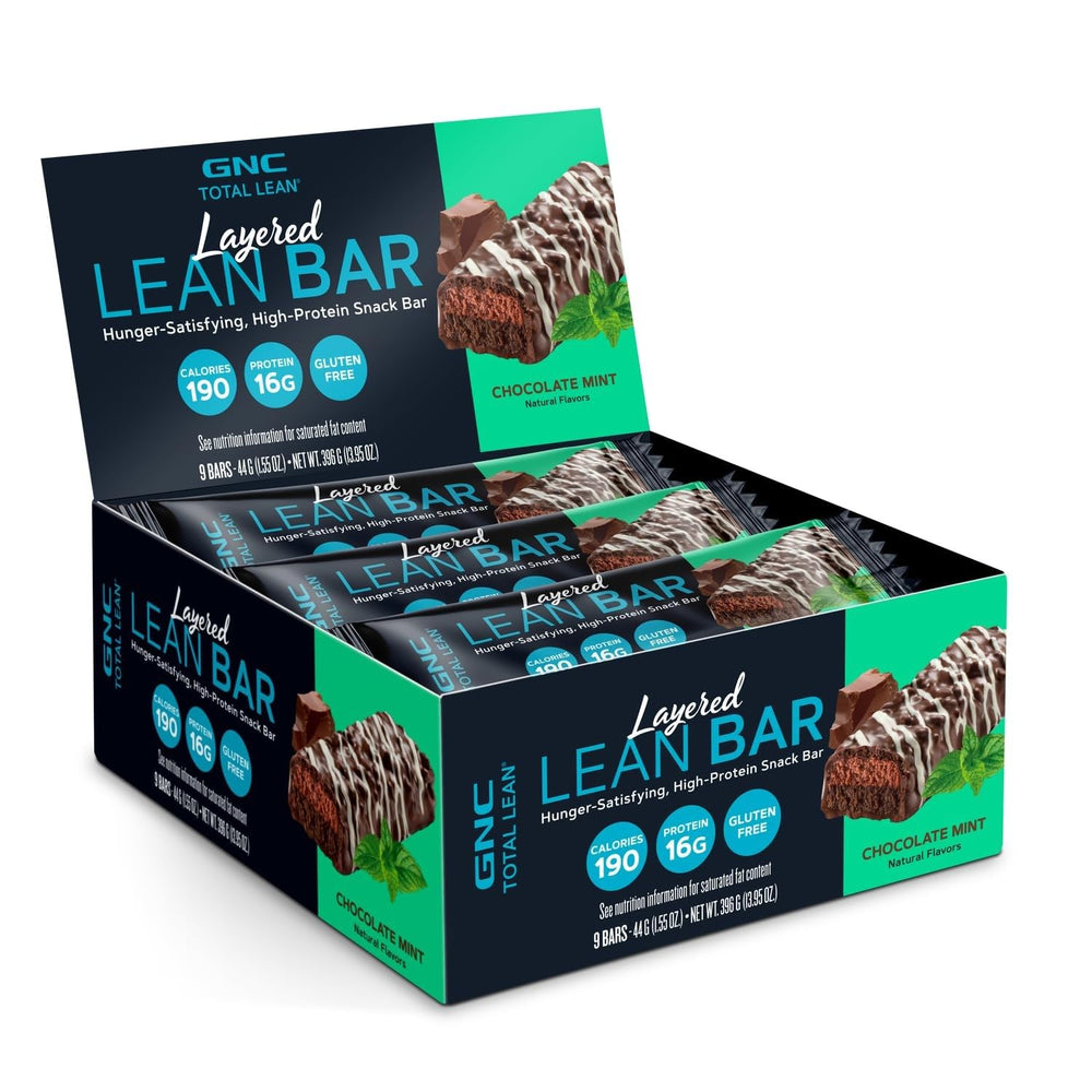 GNC Total Lean Layered Bar chocolate mint pack on shelf, convenient snack