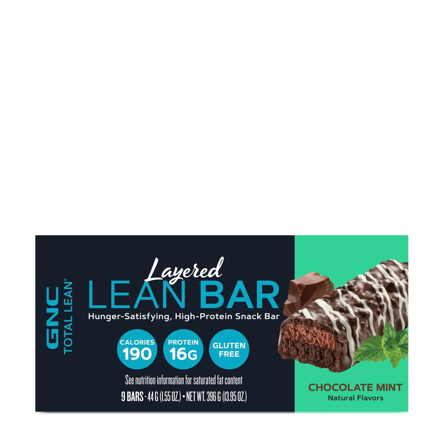 Unwrapped GNC Total Lean Layered Bar showing mint center and chocolate coating