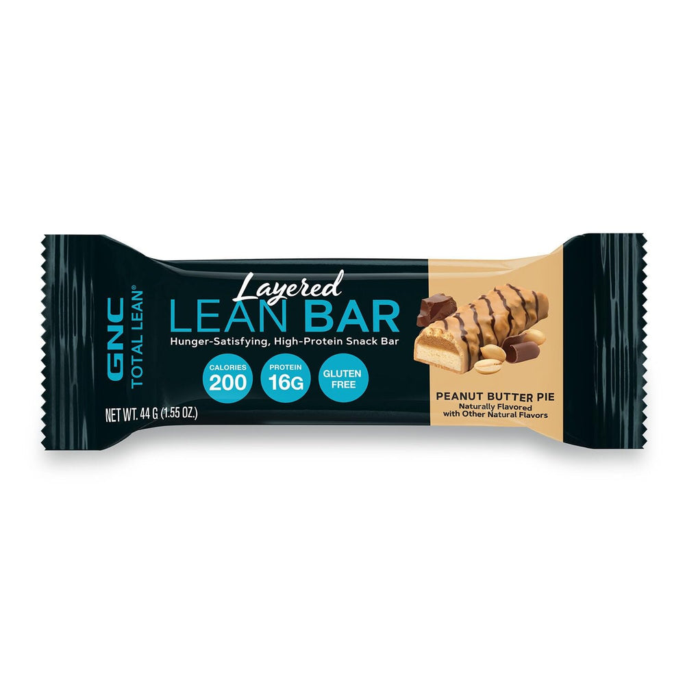GNC Total Lean Layered Bar Peanut Butter Pie half slice, layered texture and protein bite
