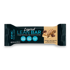 GNC Total Lean Layered Bar Peanut Butter Pie half slice, layered texture and protein bite