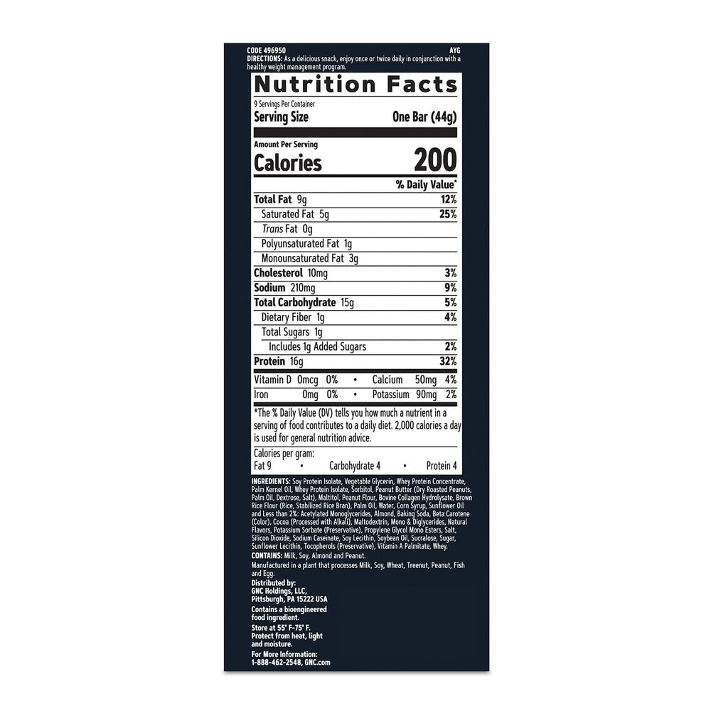 GNC Total Lean Layered Bar Peanut Butter Pie nutrition panel view, supports hunger management