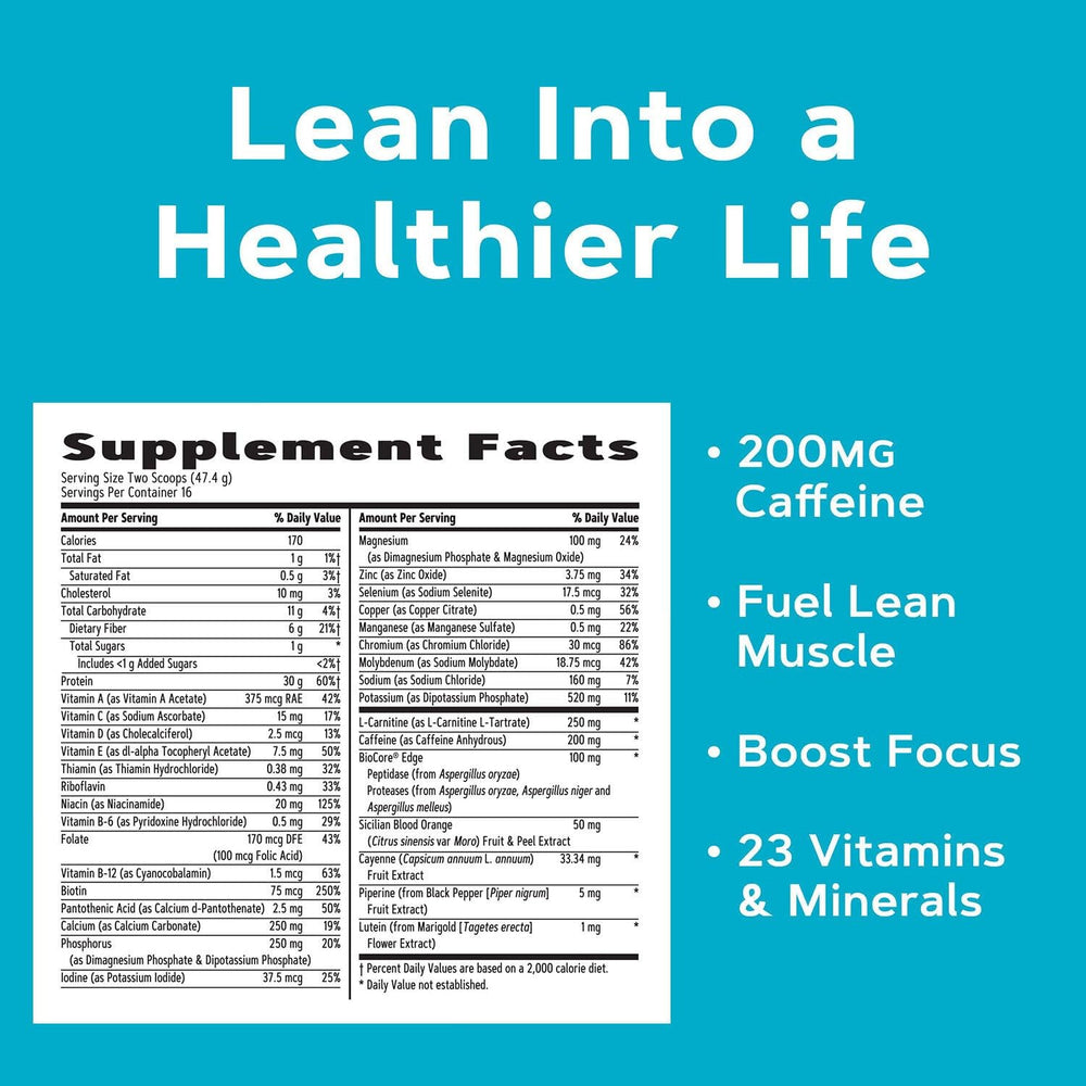 GNC Total Lean Lean Shake Burn chocolate fudge label detail highlights protein and fiber features
