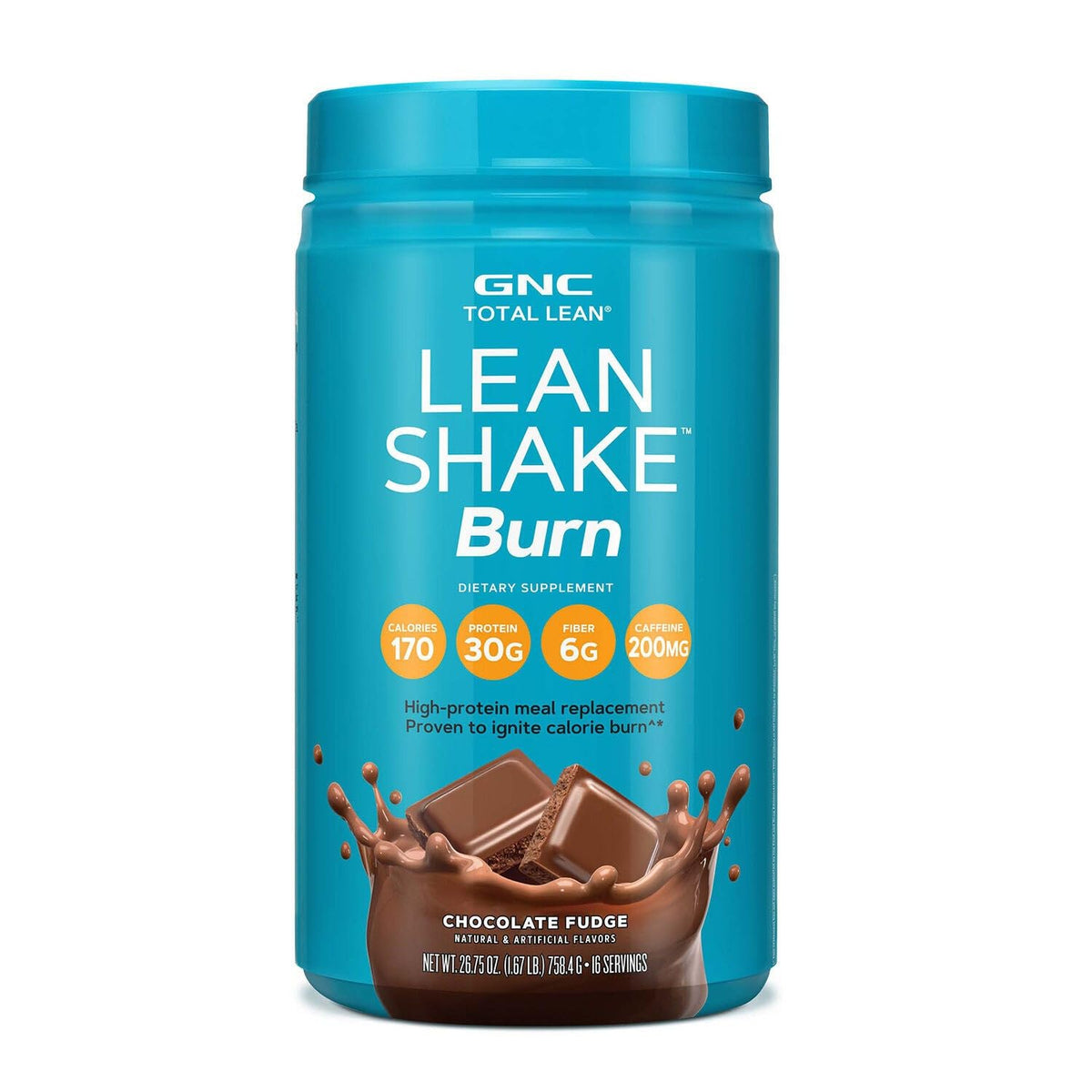 GNC Total Lean Lean Shake Burn chocolate fudge packaging front supports convenient meal replacement