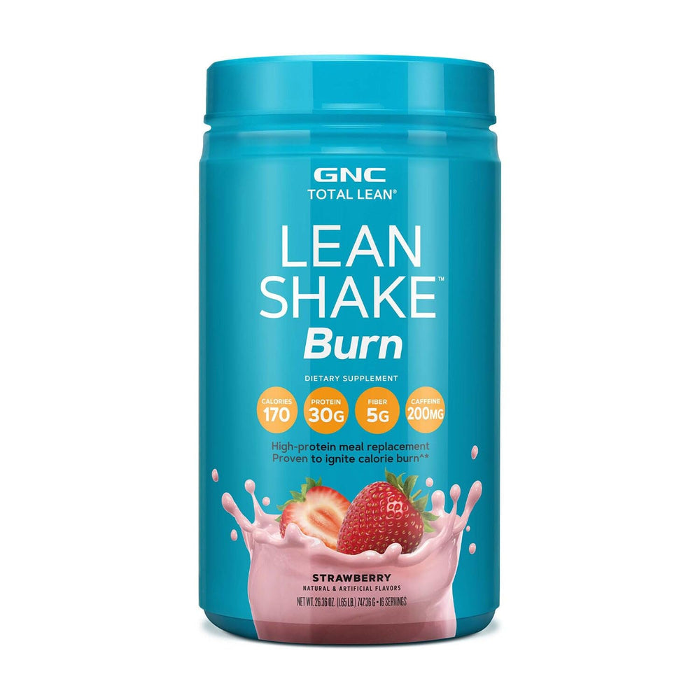 GNC Total Lean Lean Shake Burn strawberry bottle showing high-protein formula for fullness