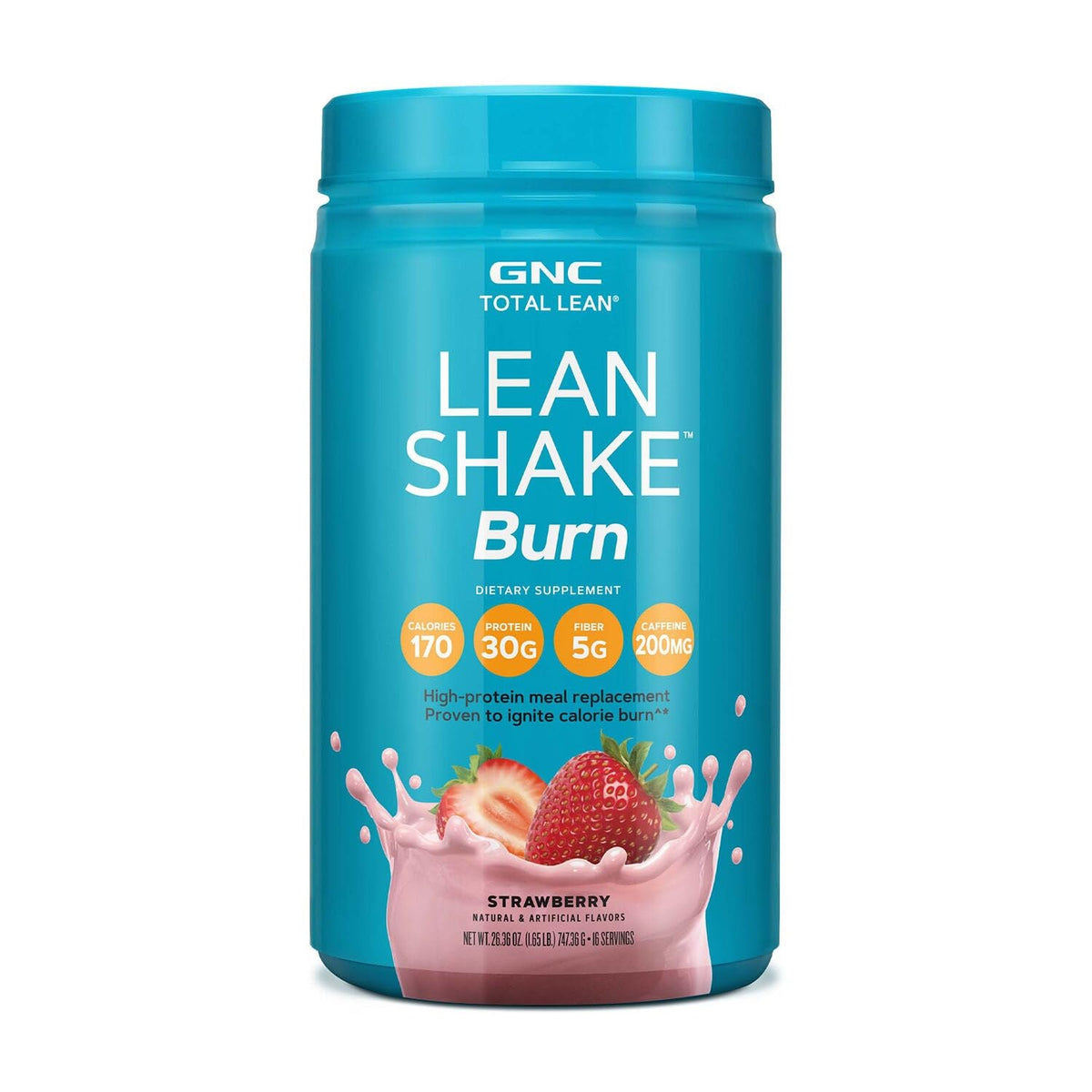 GNC Total Lean Lean Shake Burn strawberry bottle showing high-protein formula for fullness