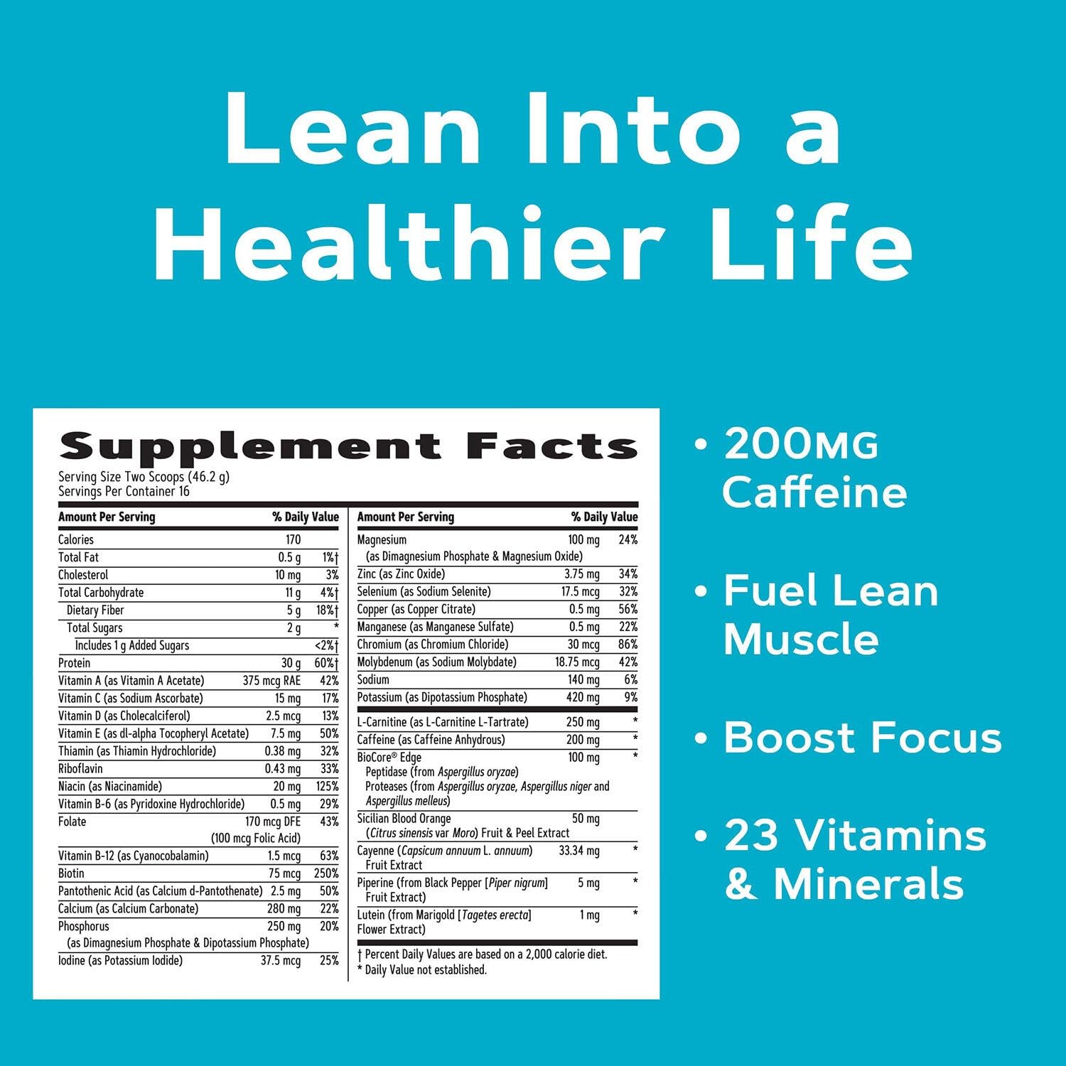Lean Shake Burn label close-up highlighting protein and caffeine details.