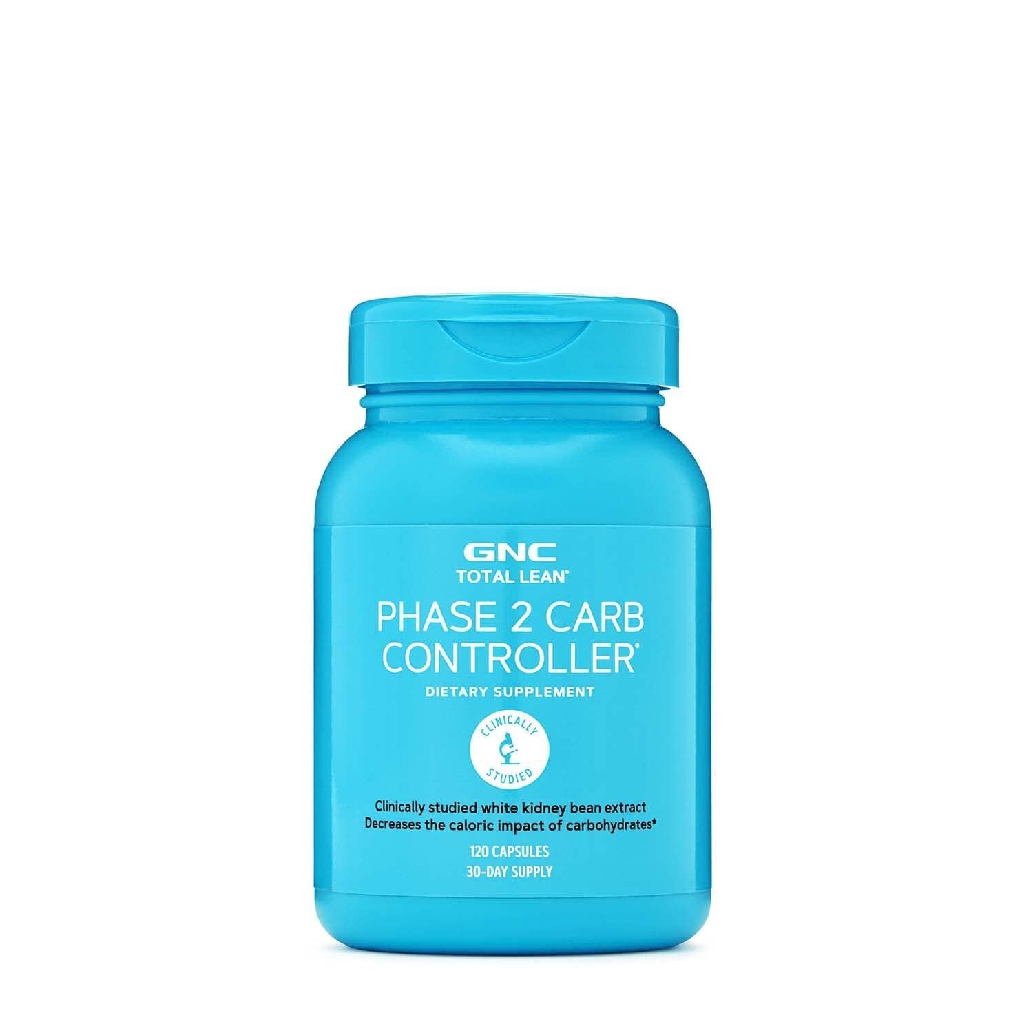 GNC Total Lean Phase 2 Carb Controller bottle with capsules supports carb management during meals.