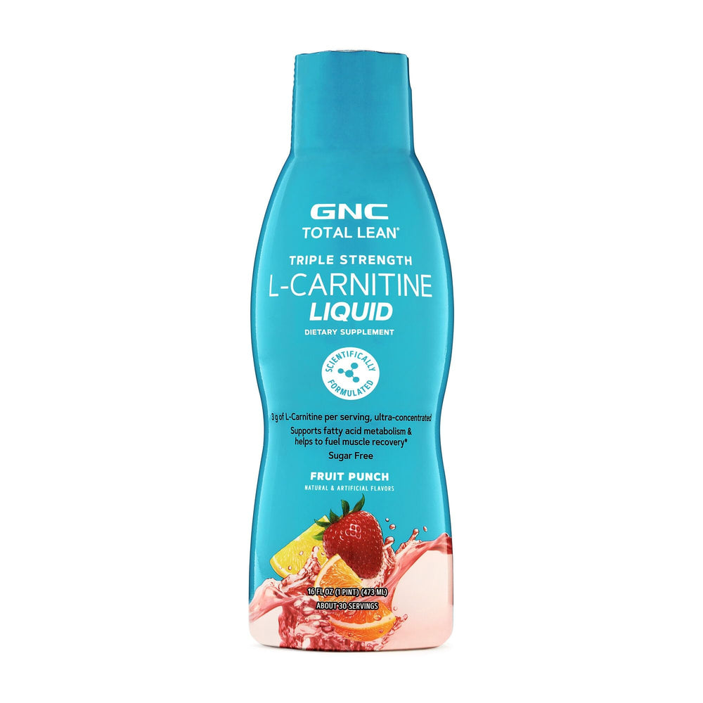 GNC Total Lean L-Carnitine bottle pour for pre-workout fueling and fat metabolism support.