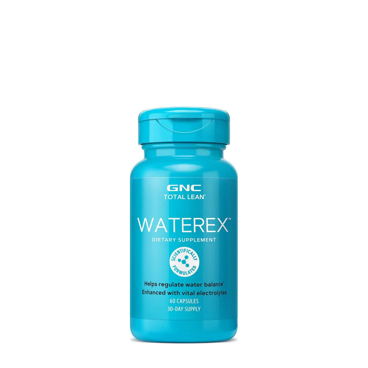 GNC Total Lean Waterex bottle close-up highlighting electrolytes for hydration support